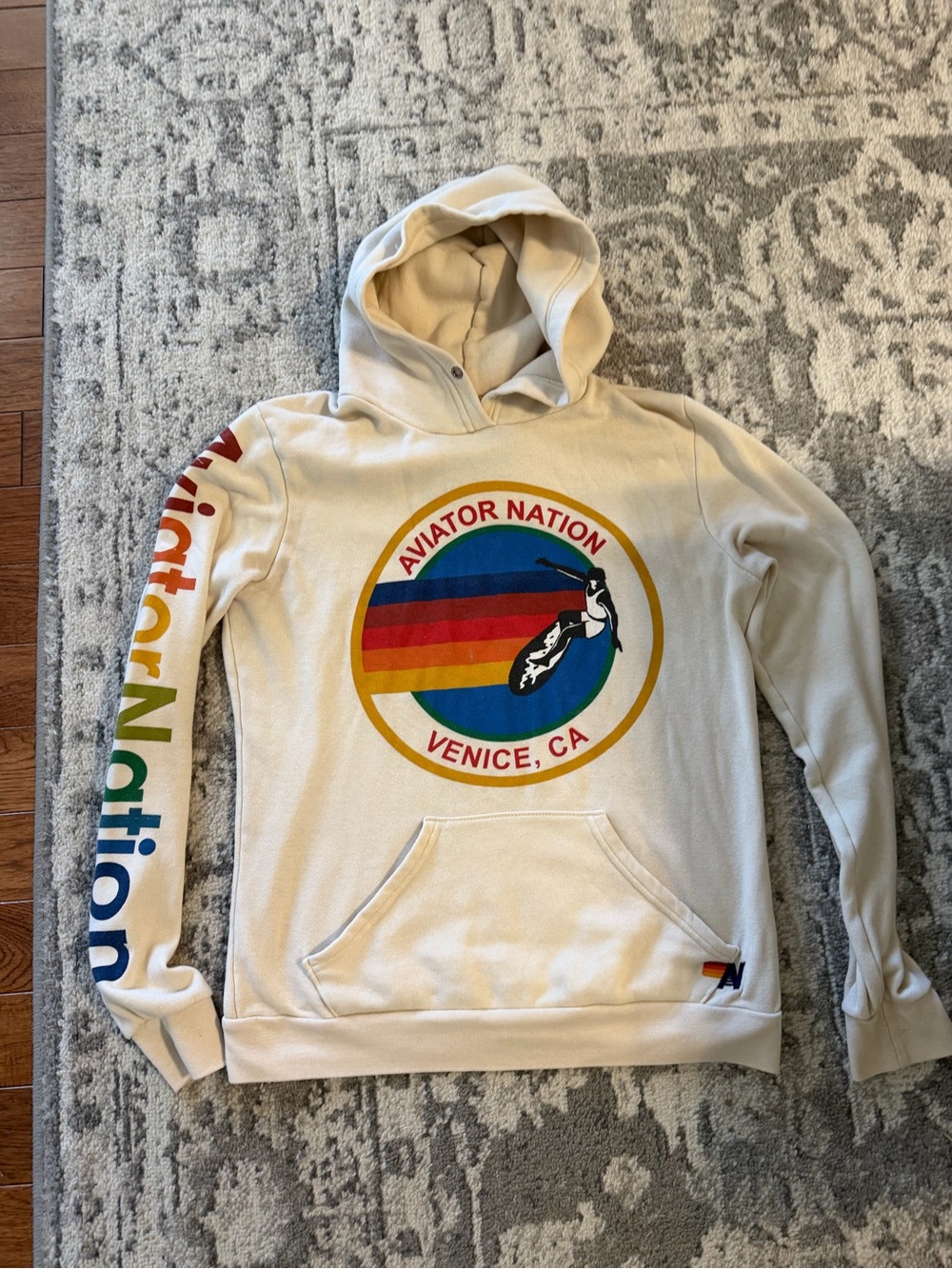 Aviator Nation Cream Hoodie with Rainbow Surf Circle Logo